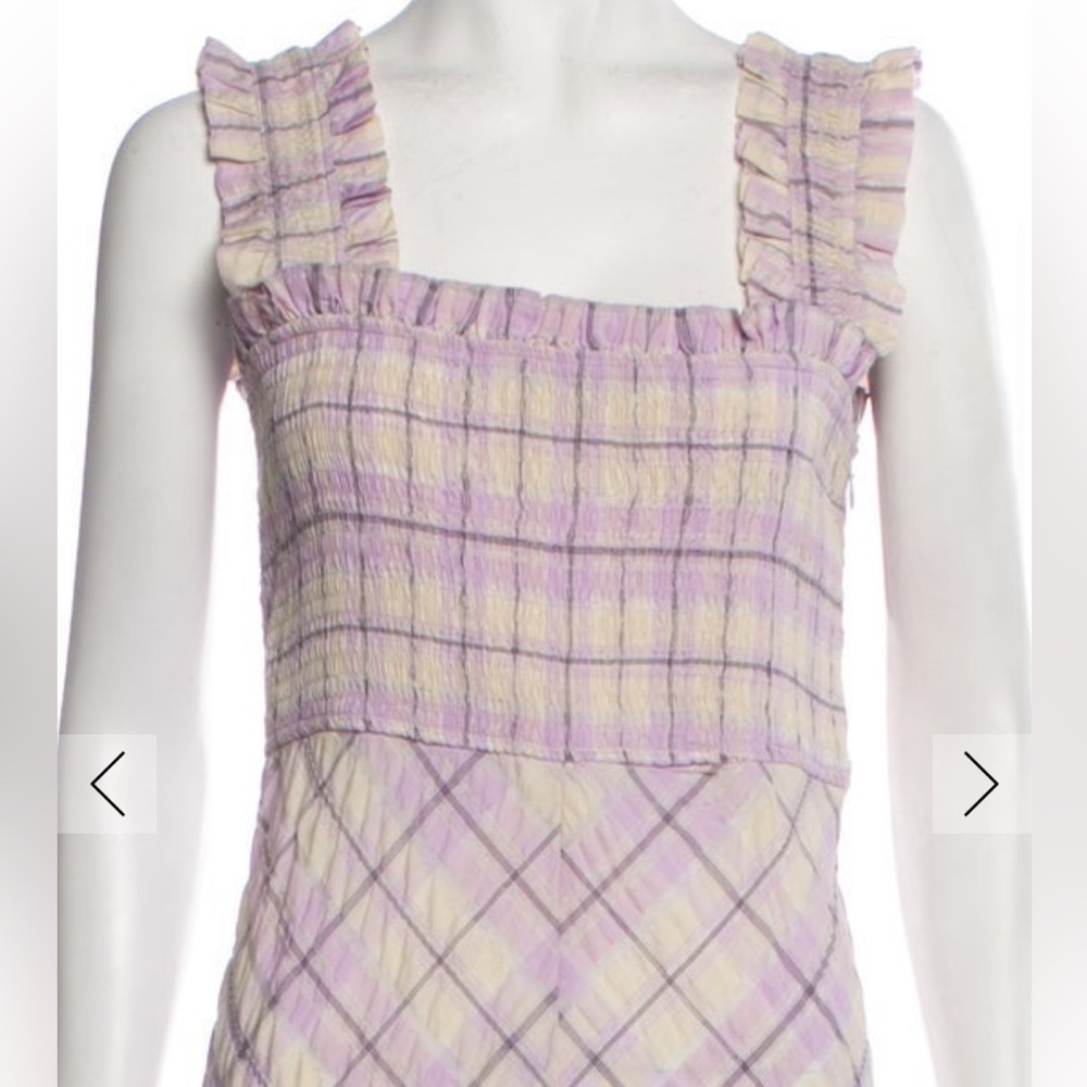 GANNI Purple Yellow Gingham Plaid Maxi Dress Orchid Bloom Seersucker Medium M 38 - Picture 4 of 5